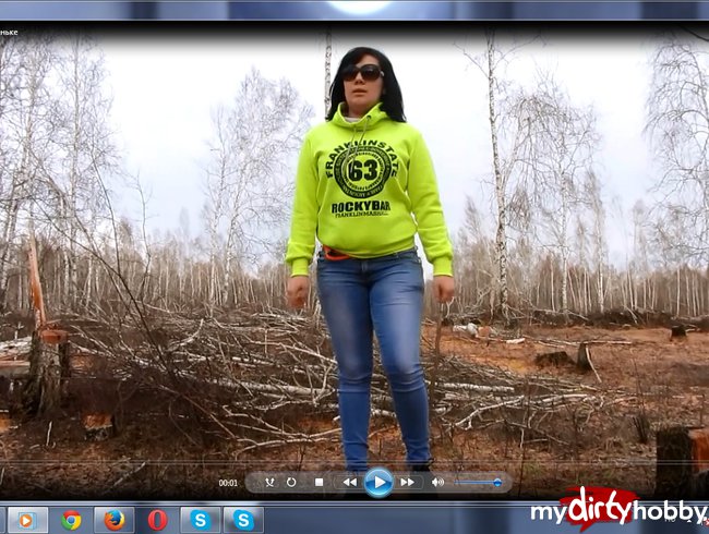 pissing on a tree stump in the forest